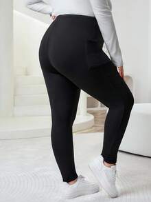 SHEIN CURVE+ 大码女式高弹力保暖内衬打底裤，带侧袋，基本款返校大码打底裤，大码紧身裤，大码高弹力带口袋打底裤 - 黑色 - 查看 9