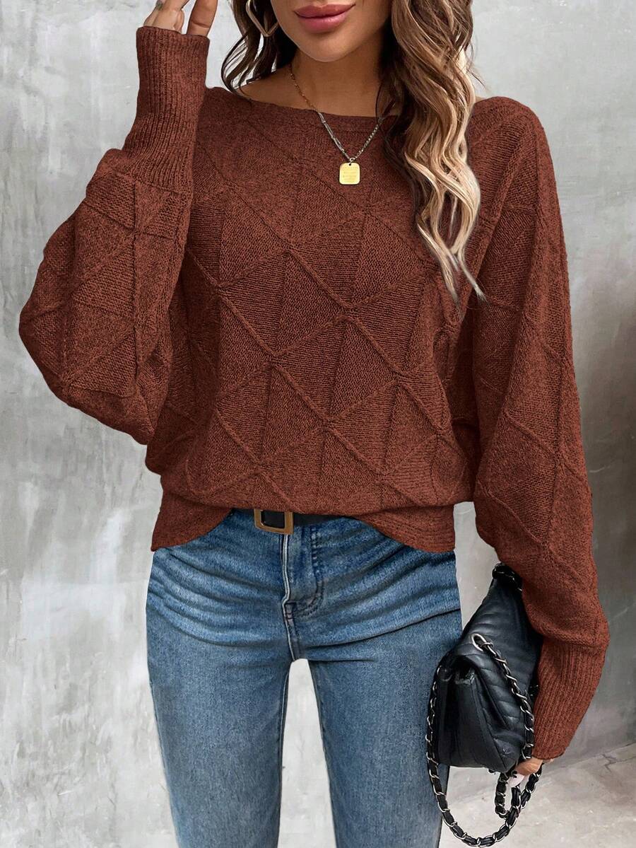 EMERY ROSE Women's Casual Solid Color Crew Neck Pullover Sweater - Rust Brown - View 1
