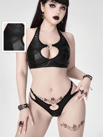 Grunge Punk Dark Punk Heart Metal Buckle PU Halter Bra & Thong Lingerie Set