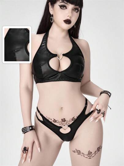 Grunge Punk Dark Punk Heart Metal Buckle PU Halter Bra & Thong Lingerie Set