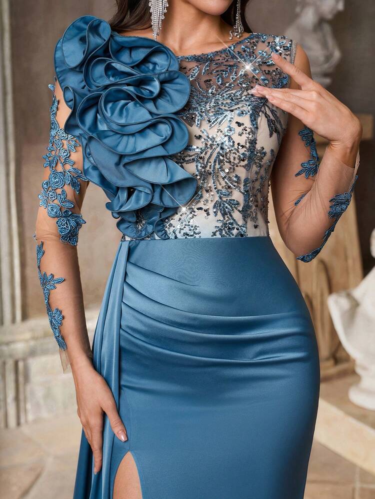 Aureia Elegant Luxurious Sequins Embellished Satin V-Neck Chiffon Extra Long Draped Sleeve Pleated Front Fishtail Shawl, Suitable For All Formal Occasions, Parties, Galas, Weddings, Formal Evening Gowns - Champagne - View 2