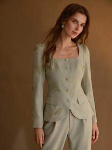 MOTF PREMIUM FEATHER EMBROIDERY SQUARE COLLAR RHINESTONE BUTTON WAIST CINCHED PUFF SLEEVE ELEGANT CASUAL JACKET