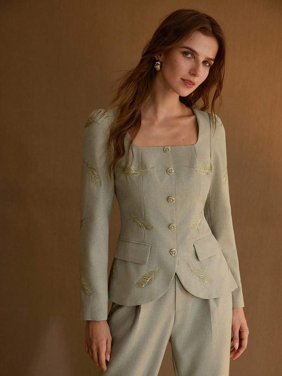 MOTF PREMIUM FEATHER EMBROIDERY SQUARE COLLAR RHINESTONE BUTTON WAIST CINCHED PUFF SLEEVE ELEGANT CASUAL JACKET