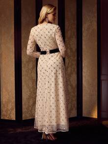 MOTF Soiréza 女式网眼亮片网眼覆盖蝴蝶结腰部正式鸡尾酒会礼服 - 香檳色 - 查看 4