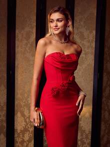 MOTF Soiréza 女士露肩3D花卉鸡尾酒礼服 - 紅色 - 查看 2