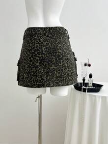 Elamini Minigonna di jeans con stampa leopardata alla moda per donna