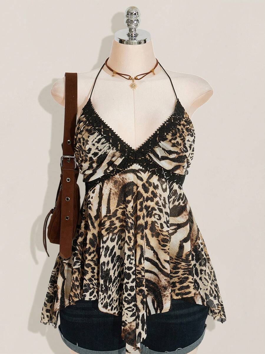 SHEIN ICON Áo ba lỗ nữ họa tiết da báo Y2K cổ yếm lưới vá bất đối xứng cỡ lớn - Nhiều màu - Xem 1