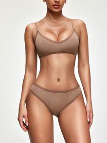 SHAPORA 2 件套蕾丝拼布肤色简约舒适易穿脱文胸 + 内裤女士内衣套装 - 巧克力棕 - 查看 1