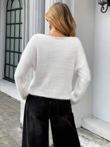 Chiquease Semi-Sheer Lace Trim White Knit Pullover Sweater - White - View 2