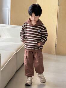 SHEIN Young Boys' Casual Khaki Striped Hoodie Sweatshirt And Drawstring Jogger Pants Set - Multicolor - View 6