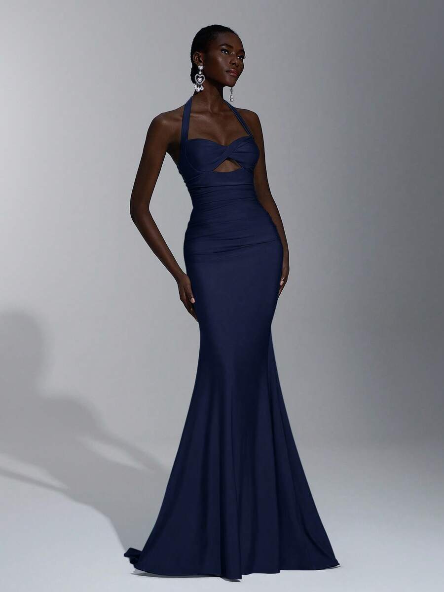 Elitara Bộ đồ bơi dệt kim co giãn màu xanh nhạt sang trọng thanh lịch với chân váy đuôi cá khoét sâu, thích hợp cho đám cưới, tiệc tùng, kỳ nghỉ, vũ hội, váy phù dâu (người lớn) - Màu xanh hải quân - Xem 1