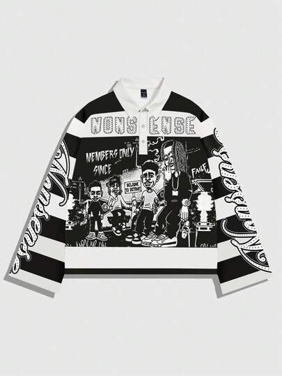 Street Life Maglietta a maniche lunghe con colletto a righe e stampa, stile casual da college per uomo