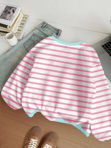 SHEIN Leap Crew 多巴胺条纹，青少年女孩休闲简约“纽约”字母宽松圆领舒适长袖运动衫，适合秋冬季，秋季服装，轻松舒适，女孩秋季分层，时尚儿童，休闲装，儿童图案运动衫，返校，秋装，返校节 - 彩色 - 查看 2