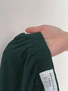 SHEIN EZwear 大码女式高腰宽松灯芯绒裤，带口袋和贴片设计，适合校园、日常穿着和室内工作，秋冬季，深绿色 - 墨綠色 - 查看 8