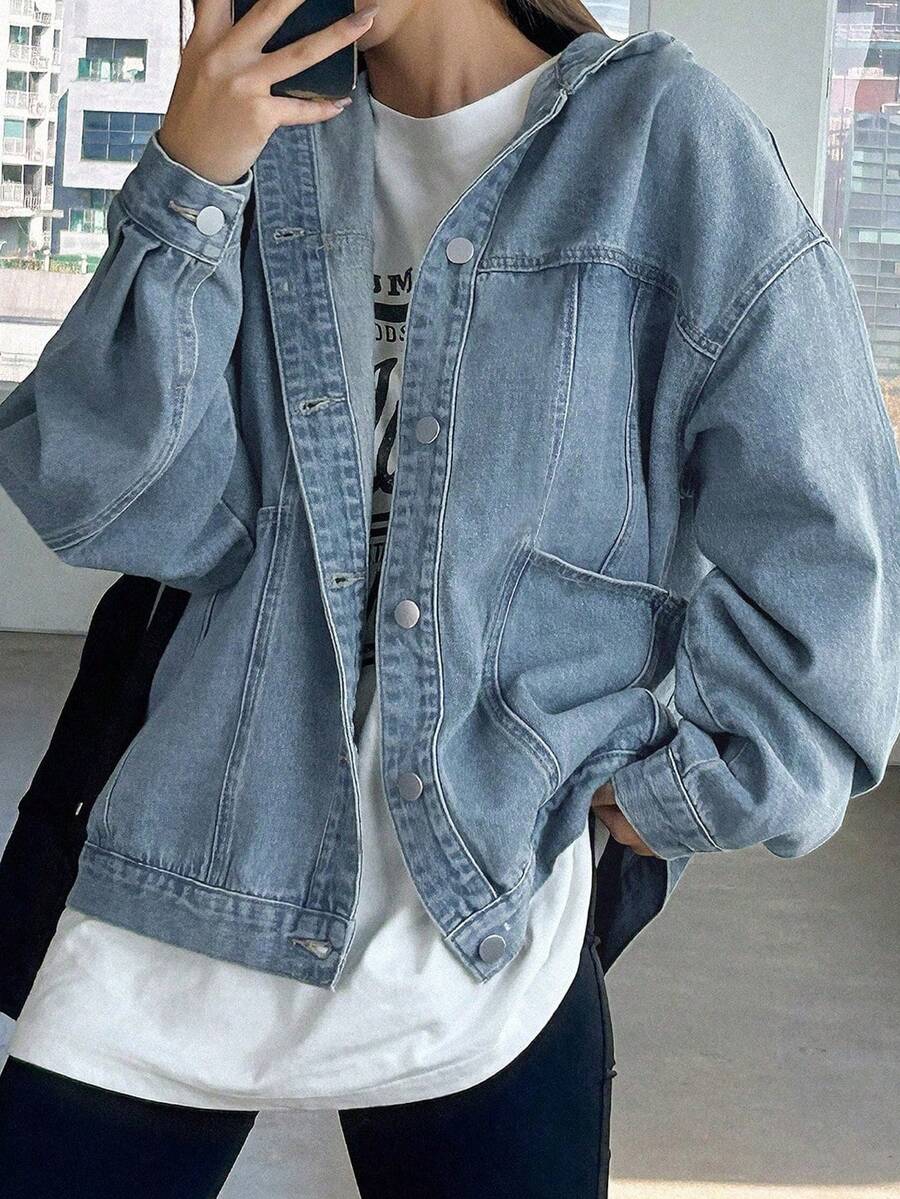 SHEIN 少女时尚休闲 Y2K 复古酷炫街头风返校学院风蓝色牛仔连帽长袖外套柔软日常穿着秋冬秋季锐舞节和街头服饰 - 藍色 - 查看 1