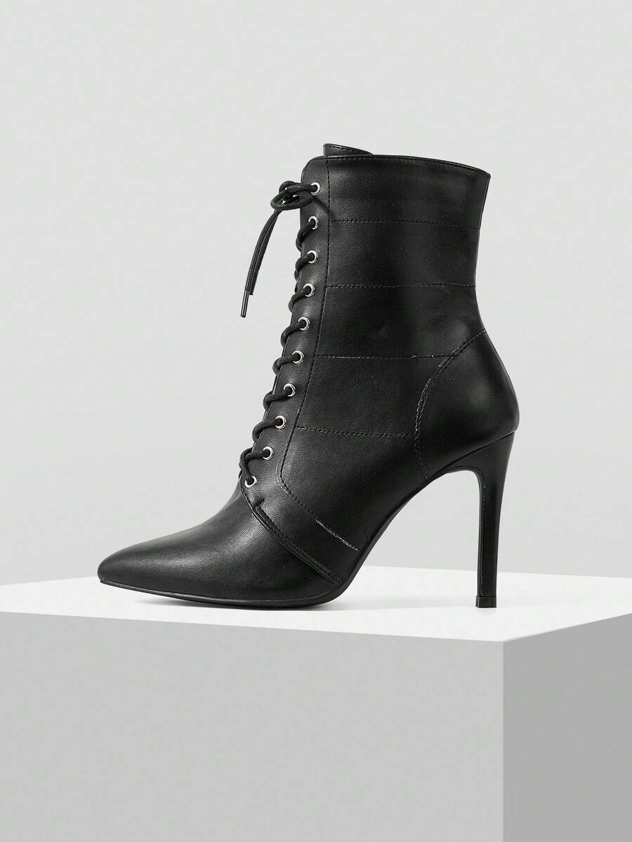 Mnmlis Giày bốt cao gót buộc dây họa tiết da cá sấu mũi nhọn cho nữ, màu đen, chất liệu da giả thanh lịch thời trang, phù hợp cho đi làm hàng ngày, hẹn hò, Halloween, Giáng sinh - màu đen - Xem 1