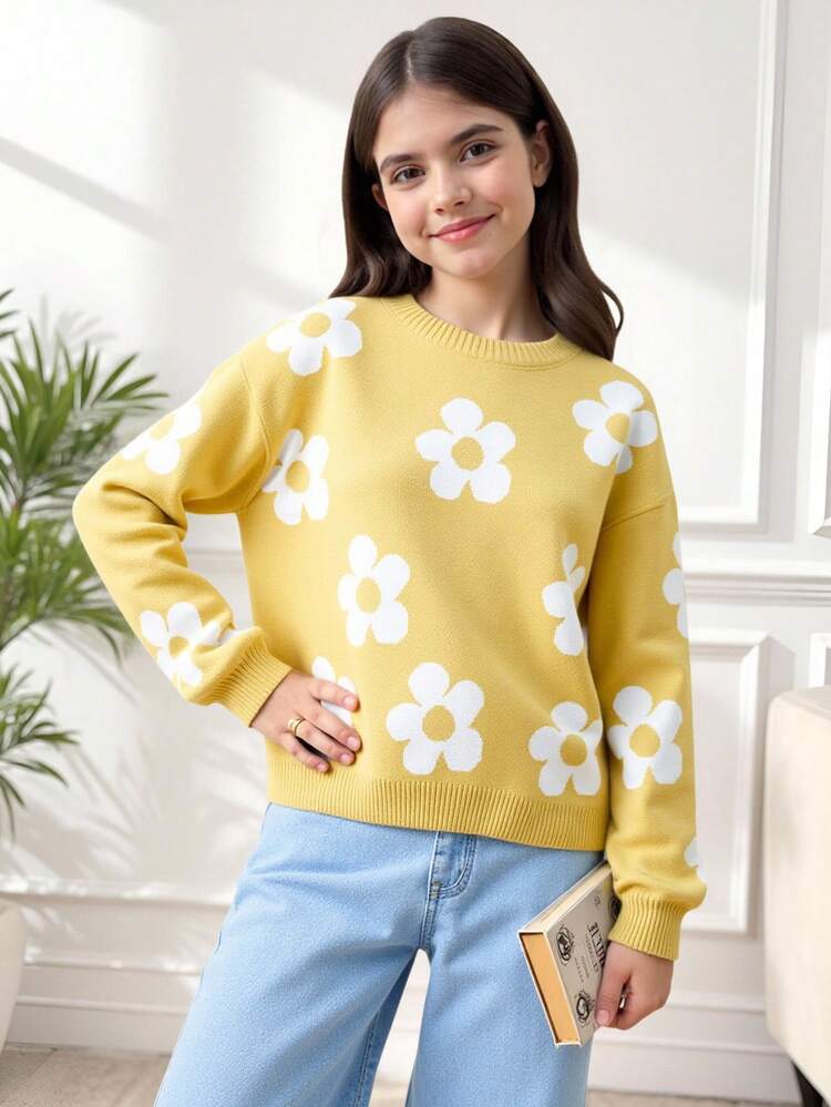 Tween Girl Floral Pattern Drop Shoulder Sweater