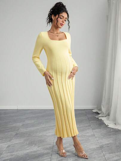 Momance Maternity Loose Fit Square Neck Ribbed Flared Hem Long Sleeve Knit Sweater Dress, Comfortable & Elegant