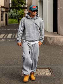 DAZY Setelan Sweatsuit Fleece Abu-abu Pria, Hoodie Musim Gugur/Dingin - Grey - View 7