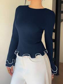 Siren Gaze 女士优雅通勤荷叶边长袖T恤 - 藏蓝色 - 查看 3