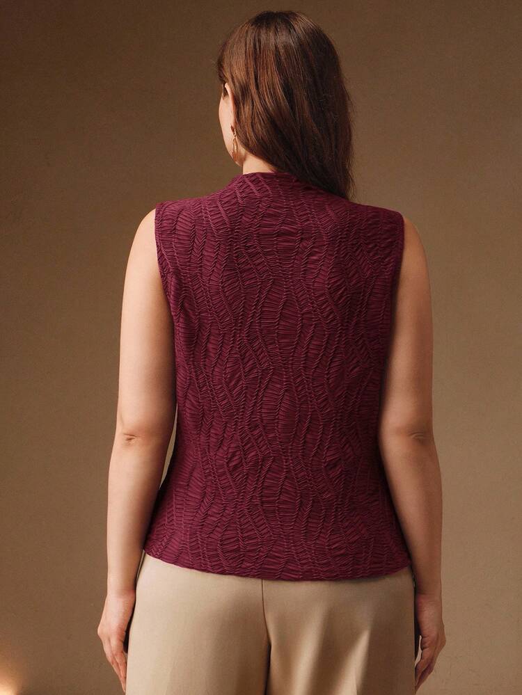 Valentine Plus Size Women's Burgundy Solid Textured Fabric Sleeveless Ruffle Collar Fitted Tank Top, Suitable For Christmas, Fall, Winter, Elegant, Chic, Stylish, Christmas, Going Out, Winter Clothes For Women, Christmas
