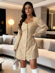 Rafferiza New Arrival Square Neck Elegant Mid-Length Dress For Women, Spring/Autumn - Pale Yellow - View 6