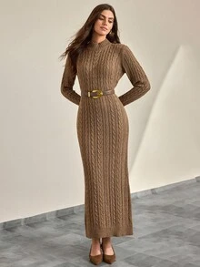 CLARA VERO Women Solid Color Textured Mock Neck Maxi Sweater Dress & Open Front Maxi Cardigan 2pcs Set - Camel - View 3