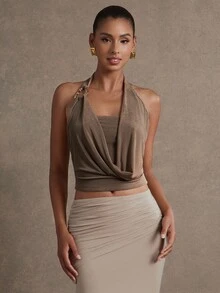 L'Amorae Women's Plunging Neck Solid Color Metal Ring Linked Halter Top - Brown - View 3