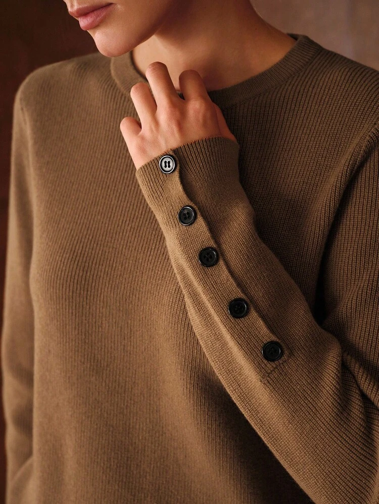 2PCS SET AUTUMN/WINTER: 100% WOOL PULLOVER SWEATER WITH BUTTON CUFF DECOR AND KNIT PANTS