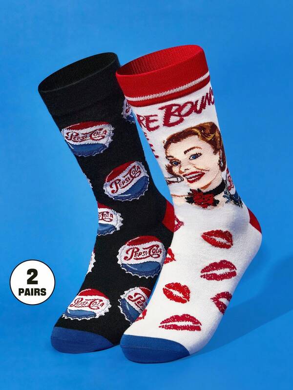 PEPSI X SHEIN 2 Pairs Soft & Breathable Moisture-Wicking Casual Women Mid-Calf Socks With Lips&Bottle Cup Pattern Fashionable White & Black Crew Socks Reinforced Toe & Heel For Durability All Season All-Match Summer Winter