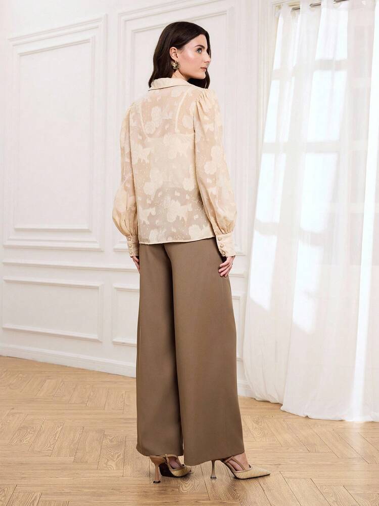 Women's Jacquard Puff Sleeve Blouse And Pants Elegant 2 Pieces Set