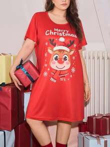Chillnights Miss Vinta Christmas Cute Deer Print Loose Short Nightgown, Plus Size Christmas Pajamas Women Pajama Night Dress Women Nightdress Short Night Gown Plus Sleep Dress