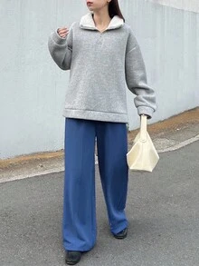 FRIFUL Sweat-shirt-shirt décontracté à manches longues, col zippé, doublé thermique, coupe ample et épaules tombantes pour femmes. Polyvalent pour l'automne. - Gris - Voir 2
