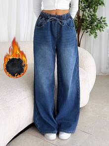 SHEIN Tall 女士休闲宽松口袋保暖牛仔裤，高个女款，秋冬季黑色保暖牛仔裤 - 藍色 - 查看 7