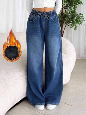 SHEIN Tall Jeans de mujer casuales y sueltos con bolsillos, forrados térmicamente, para mujer alta, jeans azules de mezclilla forrados térmicamente para otoño e invierno