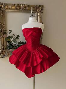 Lovelzi Vestido elegante y lujoso de falda de pastel de doble capa con cintura ceñida y sin tirantes de satén blanco, adecuado para despedida de soltera, boda, graduación, vacaciones, baile formal - Rojo - Ver 5