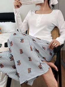 SHEIN Dream Adore 可爱小熊条纹印花方领装饰纽扣上衣和阔腿裤女士睡衣套装 2 件套睡衣 女士条纹睡裤 小熊印花睡衣，秋冬服装 - 藍色 - 查看 1