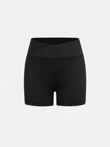 Shorts skinny esportivos para meninas adolescentes, cor sólida, liso, com cós elástico, tecido elástico alto e quatro direções, adequado para ciclismo, corrida e treinamento