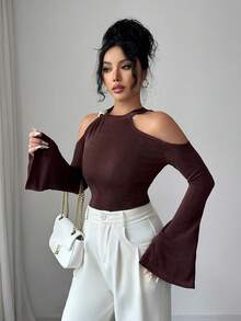 SHEIN Elenzya 女士优雅通勤纯色露肩挂脖喇叭袖衬衫 - 咖啡棕 - 查看 4