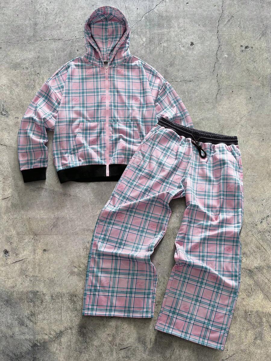 AXEPEAK Men's Plaid Hoodie And Sweatpants Clothes Set, For Fall Winter - Pink - View 1