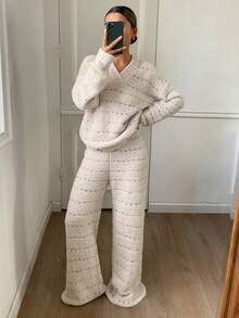 DAZY 女士条纹波点提花宽松睡衣套装，冬季舒适保暖秋季服装 - 米色 - 查看 3