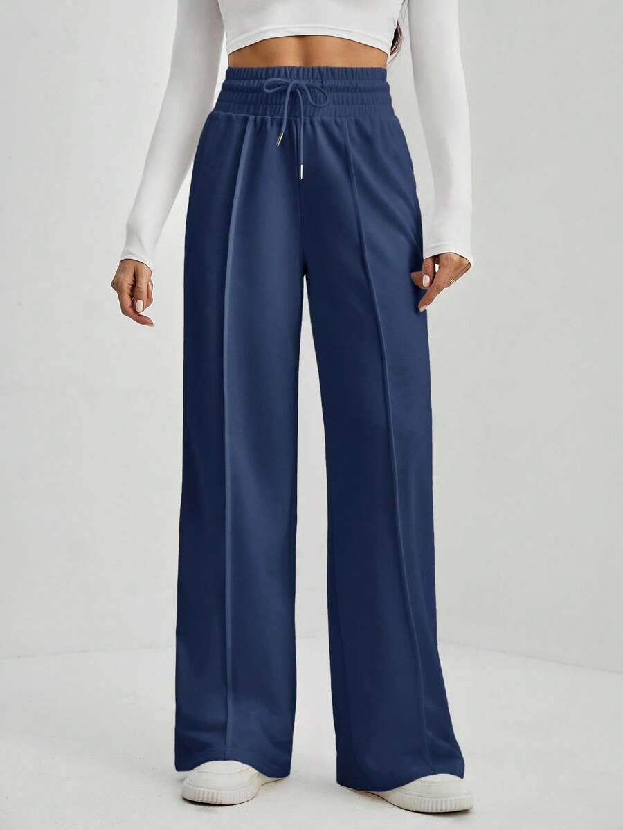 SHEIN Tall Solid Drawstring Waist Wide Leg Sweatpants - Navy Blue - View 1