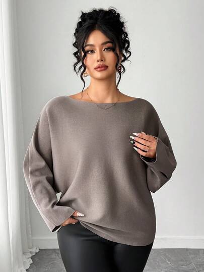 Dazy Plus Plus Size Women Loose Fit Boat Neck Casual Solid Color Pullover Sweater, Autumn/Winter