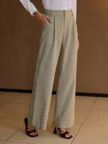 MOTF PREMIUM 女士优雅休闲褶皱阔腿裤，配有水钻纽扣，简约通勤和日常穿着 - 綠色 - 查看 5