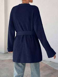 EURMUSE Women Oversize Asymmetric Shaped With Belt Detailed Rib Knitted Cardigan - Navy Blue - View 2