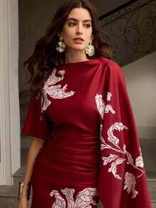 ZEYLAH Printed Short Sleeve One-Shoulder Elegant Dress - Red - View 5