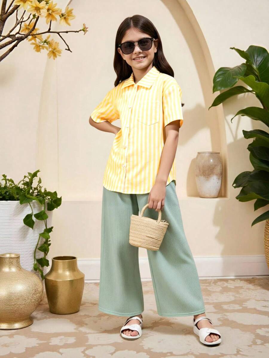 Kemeja Bergaris untuk Anak Perempuan + Motif Grafiti Hati, Desain Serbaguna + Blus Kasual Gaya Jalanan Keren, Musim Panas - Kuning - View 1