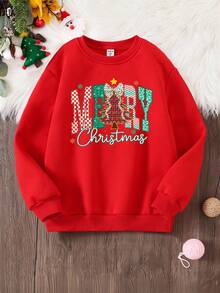 SHEIN 圣诞快乐青少年女孩休闲时尚创意个性卡通可爱蝴蝶结圣诞树雪花格子豹纹字母标语图案套头衫，适合圣诞派对和 - 紅色 - 查看 3