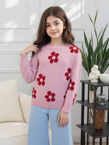 SHEIN Tween 女童休闲花卉图案圆领毛衣 - 粉色 - 查看 5