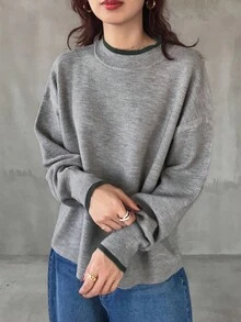 FRIFUL 女士撞色圆领落肩长袖宽松休闲套头衫，秋季 - 灰色 - 查看 3